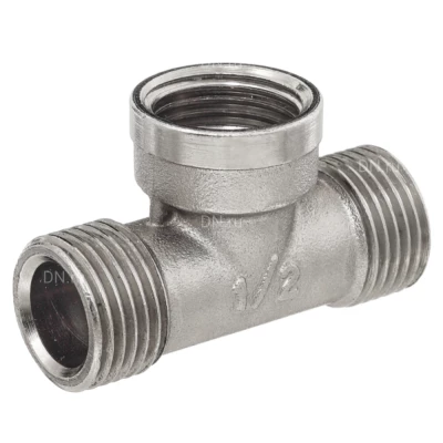 Тройник БАЗ Т никель 1/2″ Ду15x15x15 Ру40, корпус - латунь, наружная/внутренняя/наружная резьба, никелированный