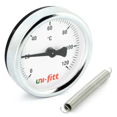 Термометр накладной UNI-FITT 320D4030 биметаллический до 120°C, корпус 63мм, класс точности 2.5, с пружиной для крепления