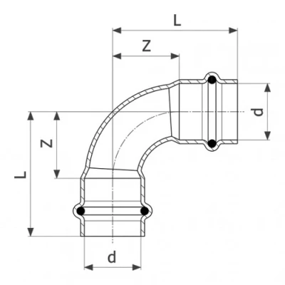 Отвод Viega Prestabo 1116 Дн12 Ру16, угол 90°, корпус - сталь оцинкованная, уплотнение - EPDM, присоединение - пресс, с контуром безопасности SC-Contur
