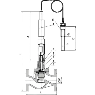 Регуляторы температуры прямого действия Энерготехномаш РТПД ТС-3 Ду15-100 Ру16, двусторонние, фланцевые, максимальная температура до 150 °C, материал корпуса — серый чугун СЧ25