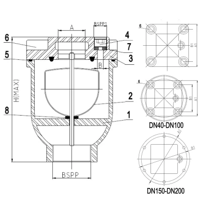 Воздухоотводчик автоматический (вантуз) ABRA AV01T-050 Ду50 Ру16 прямой, внутренняя резьба, корпус - чугун GGG50, уплотнение - NBR