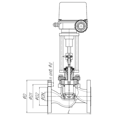 Клапаны запорно-регулирующие Авангард КЗРр 25нж947п Ду15-300 Ру16-40 односедельные разгруженные, присоединение - фланцевое, корпус - нержавеющая сталь 12Х18Н9ТЛ, уплотнение - фторопласт-4, с электроприводом