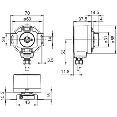 Энкодер инкрементальный Baumer EIL580P-TT14.5PF.10000.B Ду58 сквозной полый вал - 14мм, материал корпуса - алюминий, разрешение - 10000имп/об, напряжение - 4.75-30В, выход - TTL, IP65, тангенциальный кабель - 1м