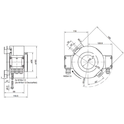 Энкодеры абсолютные Baumer HMG161 Ду160 многооборотные, сквозной полый вал - 65мм, материал корпуса - алюминий, напряжение - 9-30В, 13/16bit, IP56