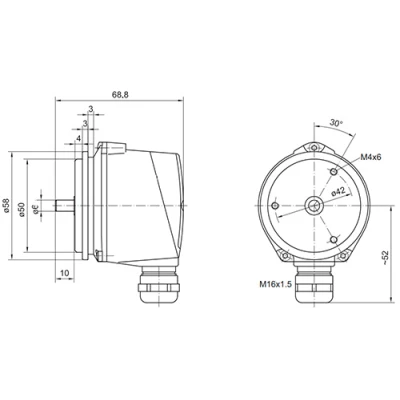 Энкодеры инкрементальные Baumer OG71 Ду58 выступающий вал - 6мм, материал корпуса - алюминий, разрешение - 1024имп/об, напряжение - 9-26В, IP66