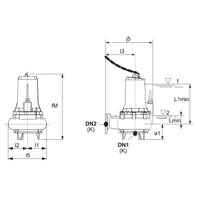 Насосы дренажные Calpeda GKC2 погружные, корпус - чугун, мощность - 2-35кВт, напор - 16.1-66.2м, производительность - 833-3000л/мин, 380В 2-ой эскиз