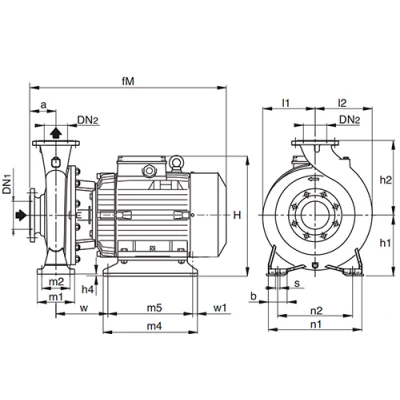 Насосы центробежные, моноблочные Calpeda BNM4 50 фланцевые, поверхностные, корпус - бронза, мощность - 1.1-4кВт, напор - 8.2-22.7м, производительность - 700-800л/мин, 380В 2-ой эскиз