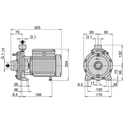 Насосы центробежные, моноблочные Calpeda BNMDM 20 резьбовые, поверхностные, корпус - бронза, мощность - 0.45-1.5кВт, напор - 33-57.5м, производительность - 60-100л/мин, 220/380В 2-ой эскиз