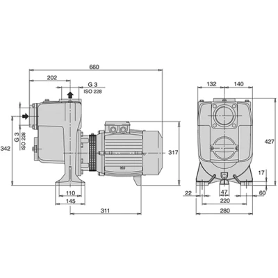 Насосы центробежные, самовсасывающие Calpeda B-A 80 поверхностные, корпус - бронза, мощность - 5.5-7.5кВт, напор - 27.3-33.6м, производительность - 1100л/мин, 380В