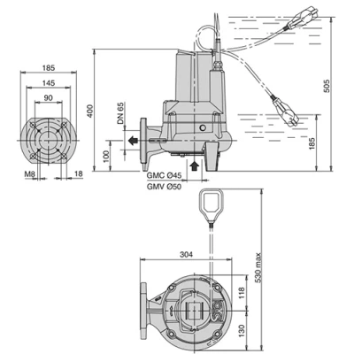 Насосы дренажные Calpeda GMCM 50-65 погружные, корпус - чугун, мощность - 0.75-1.1кВт, напор - 9.5-12.5м, производительность - 600-700л/мин, 220В