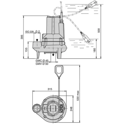 Насосы дренажные Calpeda GMCM 50 погружные, корпус - чугун, мощность - 0.75-1.1кВт, напор - 9.5-12.5м, производительность - 600-700л/мин, 220В