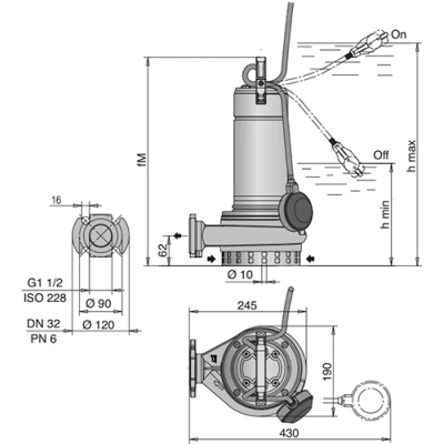Насос дренажный Calpeda GQRM 10 32-12 GF погружной, корпус - чугун, мощность - 0.55кВт, напор - 11.6м, производительность - 350л/мин, 220В