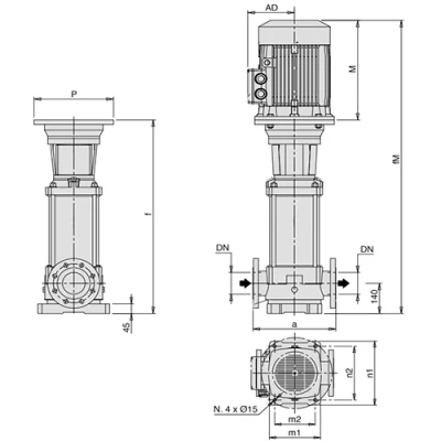 Насосы многоступенчатые Calpeda MXV 100 поверхностные, корпус - нержавеющая сталь, мощность - 3.5-45кВт, напор - 20.5-206.5м, производительность - 1467-1917л/мин, 380В