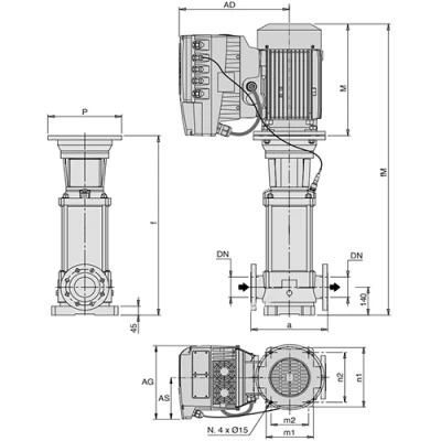 Насосы многоступенчатые Calpeda MXV EI 100 поверхностные, корпус - нержавеющая сталь, мощность - 5.5-22кВт, напор - 24.8-100.8м, производительность - 1467-1917л/мин, 380В
