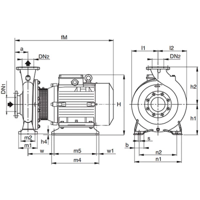 Насосы центробежные, моноблочные Calpeda NM4 100 фланцевые, поверхностные, корпус - чугун, мощность - 3-15кВт, напор - 9.4-31.5м, производительность - 2500-3500л/мин, 380В 2-ой эскиз
