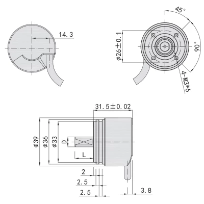 Энкодеры абсолютные LANBAO ENA39S Ду39, сплошной вал - 6-8мм, двоичный код, материал корпуса - алюминиевый сплав, напряжение - 30В, выходной сигнал - SSI/RS-485, IP65, кабель - 1-5м