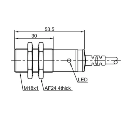 Датчик оптический LANBAO PR18-DM3DPO, цилиндрический, материал корпуса - латунь, никелированный, инфракрасный светодиод - 880нм, выход - PNP, настройка - NO, рабочая дистанция - 3м, напряжение - 30В, IP67, кабель - 2м