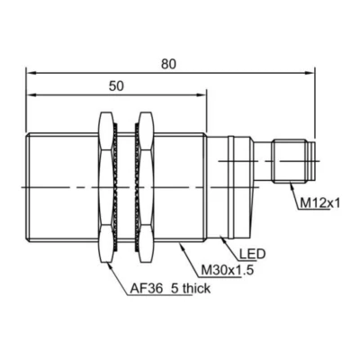 Датчик оптический LANBAO PR30-DM5DPO, цилиндрический, материал корпуса - латунь, никелированный, инфракрасный светодиод - 880нм, выход - PNP, настройка - NO, рабочая дистанция - 5м, напряжение - 30В, IP67, кабель - 2м
