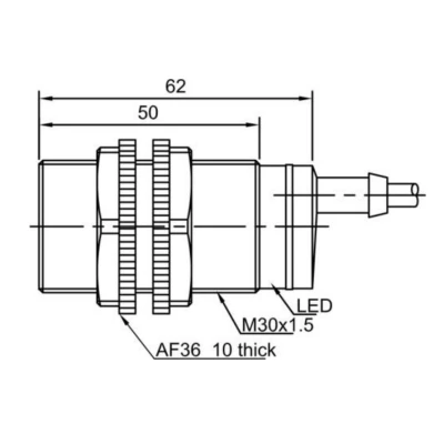 Датчик оптический LANBAO PR30S-DM5DPC, цилиндрический, материал корпуса - пластик, инфракрасный светодиод - 880нм, выход - PNP, настройка - NC, рабочая дистанция - 5м, напряжение - 30В, IP67, кабель - 2м