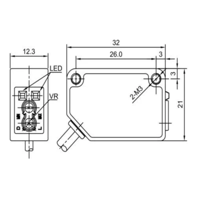 Датчик оптический LANBAO PSF-DM2DPO, прямоугольный, материал корпуса - пластик, инфракрасный светодиод - 880нм, выход - PNP, настройка - NO, рабочая дистанция - 2м, напряжение - 30В, IP67, кабель - 2м