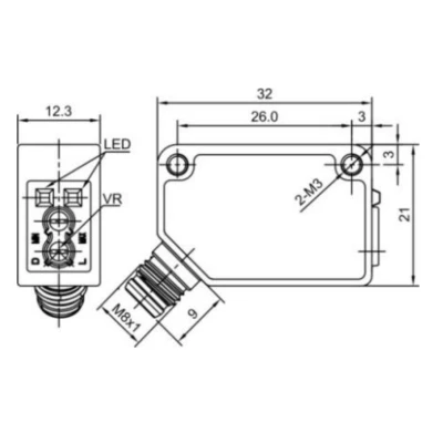 Датчик оптический LANBAO PSF-DM2DNC-E1, прямоугольный, материал корпуса - пластик, инфракрасный светодиод - 880нм, выход - NPN, настройка - NC, рабочая дистанция - 2м, напряжение - 30В, IP67, разъем - M8 3-pin