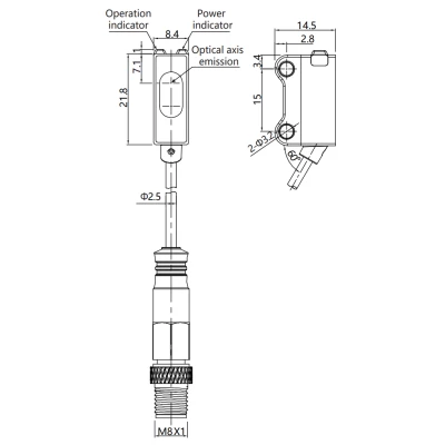 Датчик оптический LANBAO PST-DC25DPOR-F3, прямоугольный, материал корпуса - пластик, красный свет - 640нм, выход - PNP, настройка - NO, рабочая дистанция - 25см, напряжение - 30В, IP67, кабель - 0.2м, разъем - M8 3-pin