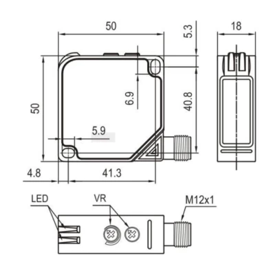 Датчик оптический LANBAO PTE-PM5SK-E5, прямоугольный, материал корпуса - пластик, красный свет - 650нм, выход - реле, настройка - NO/NC, рабочая дистанция - 5м, напряжение - 30В, IP67, разъем - M12