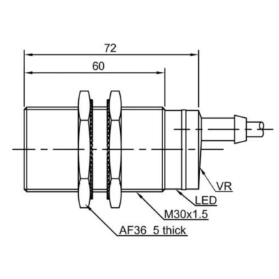 Датчик оптический LANBAO PR30S-DM5ATC двухпроводный, цилиндрический, материал корпуса - пластик, инфракрасный светодиод - 880нм, настройка - NC, рабочая дистанция - 5м, напряжение - 30В, IP67, кабель - 2м