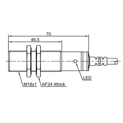 Датчик оптический LANBAO PR18-DM3ATO двухпроводный, цилиндрический, материал корпуса - латунь, никелированный, инфракрасный светодиод - 880нм, настройка - NO, рабочая дистанция - 3м, напряжение - 30В, IP67, кабель - 2м