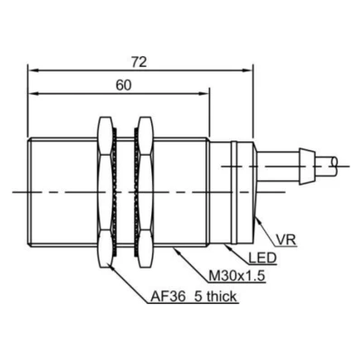 Датчик оптический LANBAO PR30-DM5ATO-E2 двухпроводный, цилиндрический, материал корпуса - латунь, никелированный, инфракрасный светодиод - 880нм, настройка - NO, рабочая дистанция - 5м, напряжение - 30В, IP67, разъем - M12