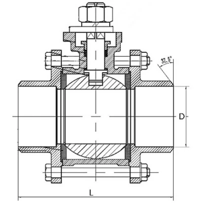 Кран шаровой DN.ru BV3232P(3pc)-FP-W-ISO-H Ду25 Ру63 полнопроходной под приварку, корпус - нержавеющая сталь 316, уплотнение - PTFE, с пневмоприводом PA-SA-083