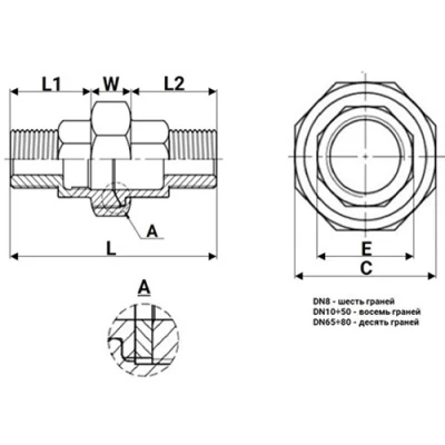 Соединение разъемное (американка) DN.ru А-304-НР-НР-PTFE 2″ Ду50 Ру20 с уплотнением под гайкой по плоскости, корпус - нержавеющая сталь AISI 304, присоединение - наружная/наружная резьба, тип резьбы - BSPT