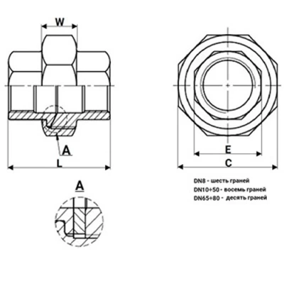Соединение разъемное (американка) DN.ru А-304-ВР-ВР-PTFE 2″ Ду50 Ру20 с уплотнением под гайкой по плоскости, корпус - нержавеющая сталь AISI 304, присоединение - внутренняя/внутренняя резьба, тип резьбы - BSPP