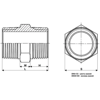 Ниппель DN.ru Н-304-НР-НР 1″ Ду25 Ру20, корпус - нержавеющая сталь AISI 304, присоединение - наружная/наружная резьба, тип резьбы - BSPT