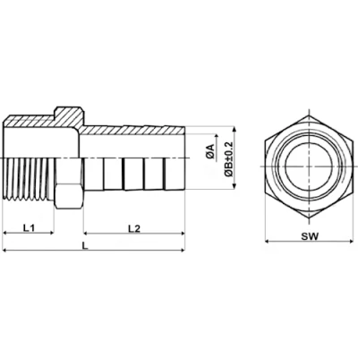 Штуцер елочка DN.ru BF32-T-3/8-12 3/8″х12мм Ду10 Ру16 шланговый, корпус - нержавеющая сталь AISI 316 (CF8M), присоединение - наружная резьба/штуцер