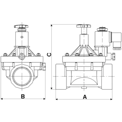 Клапаны электромагнитные DN.ru VS1141-NT-NC-220VAC 3/4-4″ Ду20-100 Ру10 соленоидные двухходовые пилотного действия, корпус - пластик PA66, уплотнение - NBR, внутренняя резьба, нормально закрытые (НЗ), катушка 220 AC