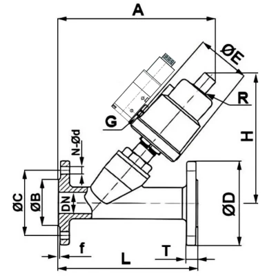 Клапан отсечной пневматический DN.ru VSP3231P-F-1PNC Ду32 Ру25, корпус - нержавеющая сталь CF8M (AISI 316), корпус привода - нержавеющая сталь CF8 (AISI 304), с пневмораспределителем DN.ru 3V210-06-NC DC24V