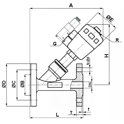 Клапан отсечной пневматический DN.ru VSP3241P-F-1PNC Ду32 Ру25, корпус - нержавеющая сталь CF8M (AISI 316), корпус привода - пластик, с пневмораспределителем DN.ru 3V210-08-NC AC220V