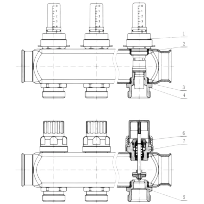 Коллекторная группа DN.ru GC1-31-2 1″ Ду25 Ру10 отводов — 2, в сборе с расходомерами и терморегулирующими клапанами, без переходников, корпус - нержавеющая сталь AISI 304
