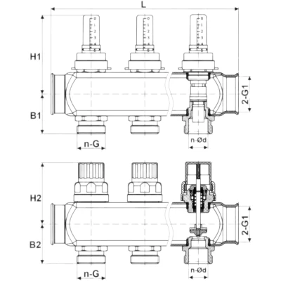 Коллекторная группа DN.ru GC1-31-2 1″ Ду25 Ру10 отводов — 2, в сборе с расходомерами и терморегулирующими клапанами, без переходников, корпус - нержавеющая сталь AISI 304
