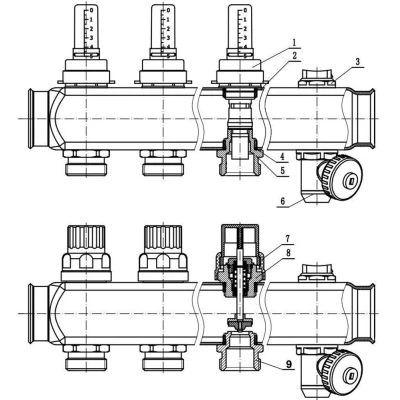 Коллекторная группа DN.ru GC2-31-6 1″ Ду25 Ру10 отводов — 6, в сборе с расходомерами и терморегулирующими клапанами, дренажным краном и воздухоотводчиком, с заглушками, без переходников, корпус - нержавеющая сталь AISI 304