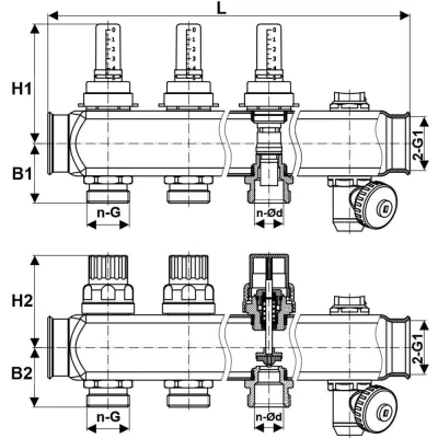 Коллекторная группа DN.ru GC2-31-6 1″ Ду25 Ру10 отводов — 6, в сборе с расходомерами и терморегулирующими клапанами, дренажным краном и воздухоотводчиком, с заглушками, без переходников, корпус - нержавеющая сталь AISI 304