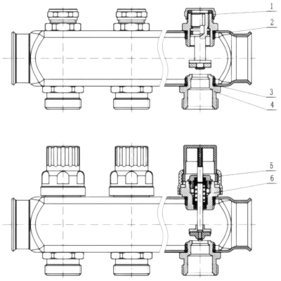 Коллекторная группа DN.ru GC3-31-4 1″ Ду25 Ру10 отводов — 4, в сборе с терморегулирующими клапанами и запорно-балансировочными клапанами, без переходников, корпус - нержавеющая сталь AISI 304