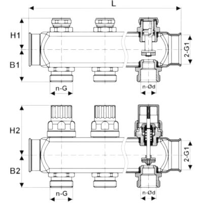 Коллекторная группа DN.ru GC3-31-4 1″ Ду25 Ру10 отводов — 4, в сборе с терморегулирующими клапанами и запорно-балансировочными клапанами, без переходников, корпус - нержавеющая сталь AISI 304