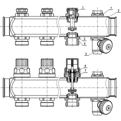 Коллекторная группа DN.ru GC4-31-5 1″ Ду25 Ру10 отводов — 5, в сборе с терморегулирующими клапанами и запорно-балансировочными клапанами, дренажным краном и воздухоотводчиком, с заглушками, без переходников, корпус - нержавеющая сталь AISI 304