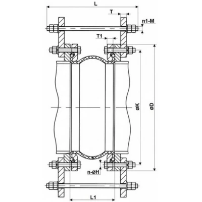 Компенсаторы резиновые DN.ru CRL-E25-F Ду32-300 Ру25, резиновая вставка (корпус) - EPDM, тип присоединения - фланцевый, материал фланцев - сталь углеродистая оцинкованная, со скользящими фланцами и ограничителями хода