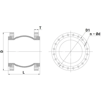 Компенсатор резиновый DN.ru CR-N25-F KRN Ду25 Ру10/16, резиновая вставка (корпус) - NBR, тип присоединения - фланцевый, материал фланцев - сталь углеродистая оцинкованная