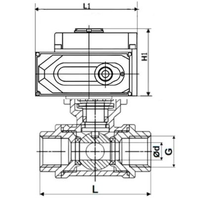 Краны шаровые DN.ru BV3232P(4pc)-SP-3WL-T-ISO-H WDVF Ду32-65 Ру63/40 стандартнопроходные, 3-ходовые L-тип, внутренняя резьба, корпус - нержавеющая сталь AISI 316, уплотнение - PTFE, с электроприводом QT-N-EM-O1-24VDC-У1 HARK