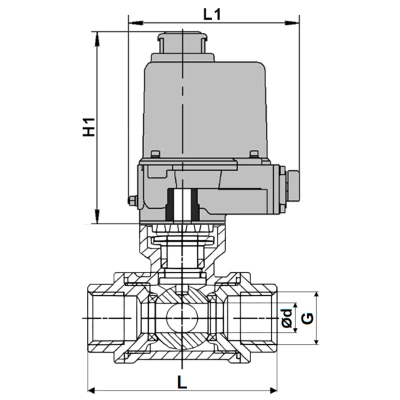 Краны шаровые DN.ru BV3232P(4pc)-SP-3WL-T-ISO-H WDVF Ду32-65 Ру63/40 стандартнопроходные, 3-ходовые L-тип, внутренняя резьба, корпус - нержавеющая сталь AISI 316, уплотнение - PTFE, с электроприводом ГЗ-ОФ 220В