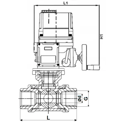 Краны шаровые DN.ru BV3232P(4pc)-SP-3WL-T-ISO-H WDVF Ду32-40 Ру63 стандартнопроходные, 3-ходовые L-тип, внутренняя резьба, корпус - нержавеющая сталь AISI 316, уплотнение - PTFE, с электроприводом DN.ru QT-EX-EM-O2-24VDC-У1